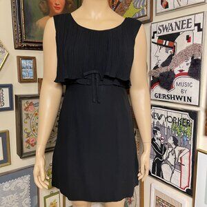 60s Vintage Black Empire Waist Sleeveless Midi Dress with Pleated Overlay L